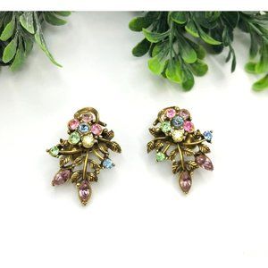 Vintage Clip on earrings antique gold tone with multi colored gems by Cora